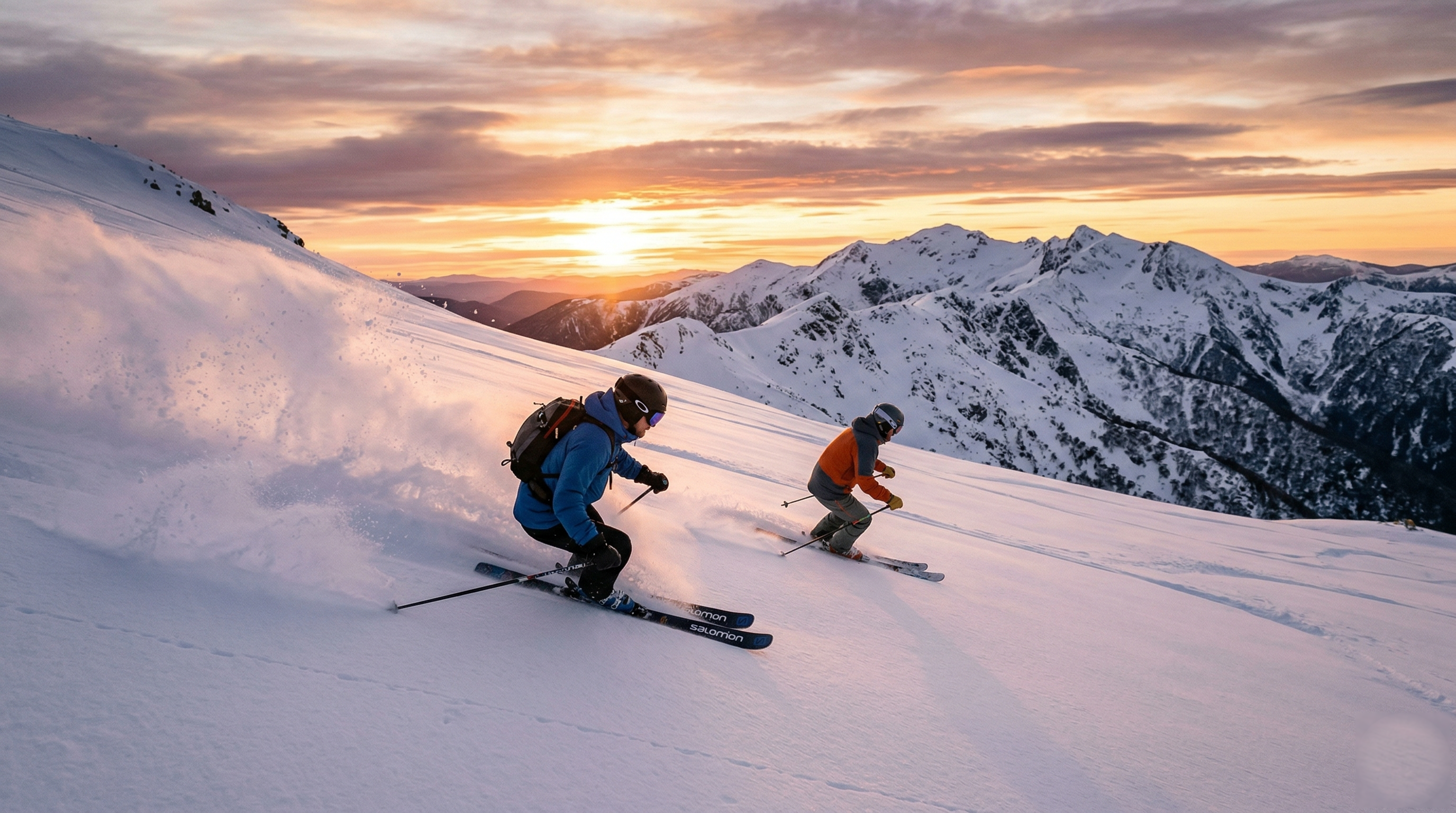 Two skiers on a mountain at golden hour